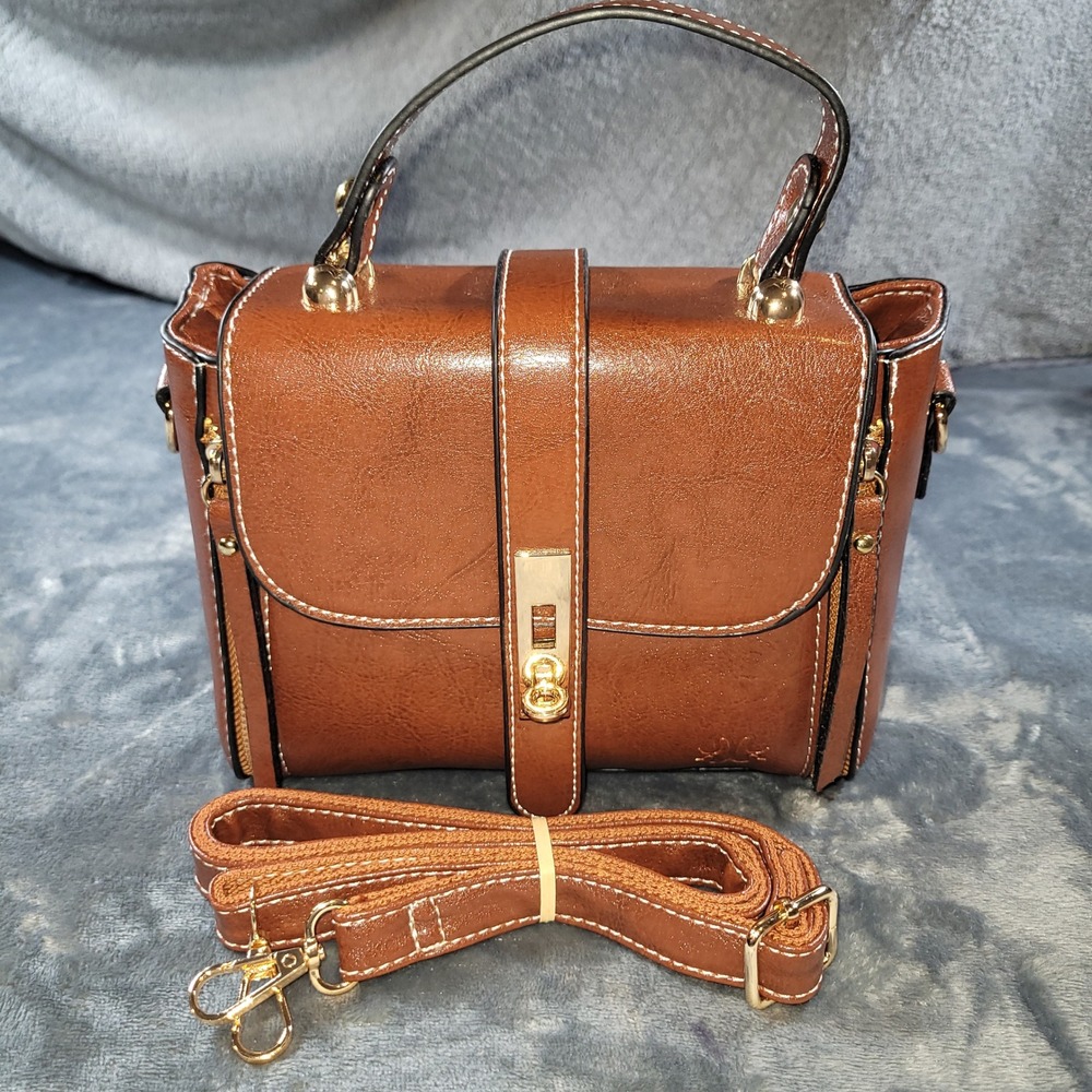 Stauer Parisian Chic Handbag Cognac Brown Leather Satchel Crossbody Bag Gold